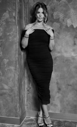 Little Mistress Chloe Lewis Collection | Dresses<Mesh Ruched Bardot Midi Dress by Chloe Lewis