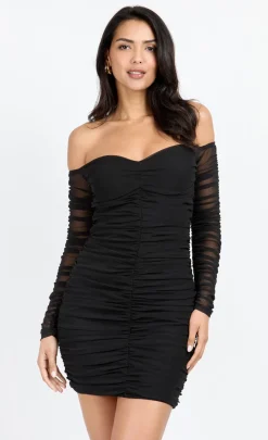 Little Mistress Mini Dresses | Chloe Lewis Collection<Mesh Ruched Bardot Mini Dress by Chloe Lewis