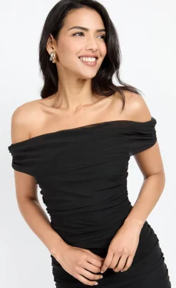 Little Mistress Chloe Lewis Collection | Dresses<Mesh Ruched Bardot Midi Dress by Chloe Lewis