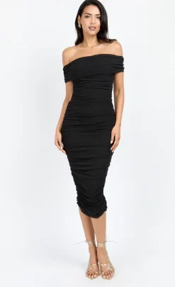 Little Mistress Chloe Lewis Collection | Dresses<Mesh Ruched Bardot Midi Dress by Chloe Lewis