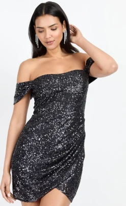 Little Mistress Chloe Lewis Collection | Dresses<Sequin Draped Bardot Mini Dress by Chloe Lewis