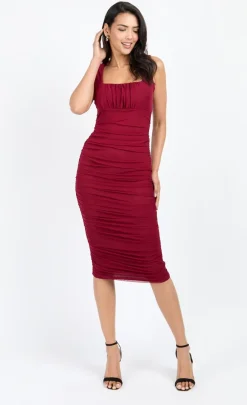 Little Mistress Chloe Lewis Collection | Dresses<Cherry Mesh Ruched Midi Dress by Chloe Lewis