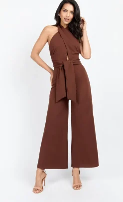 Little Mistress Chloe Lewis Collection | Jumpsuits & Playsuits<Chocolate Bow Back Halter Jumpsuit by Chloe Lewis
