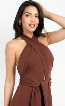 Little Mistress Chloe Lewis Collection | Jumpsuits & Playsuits<Chocolate Bow Back Halter Jumpsuit by Chloe Lewis