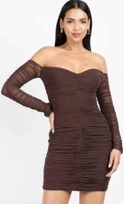 Little Mistress Chloe Lewis Collection | Dresses<Chocolate Mesh Ruched Bardot Mini Dress by Chloe Lewis