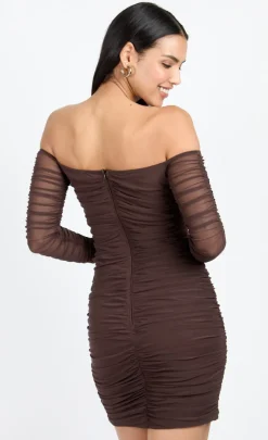 Little Mistress Chloe Lewis Collection | Dresses<Chocolate Mesh Ruched Bardot Mini Dress by Chloe Lewis