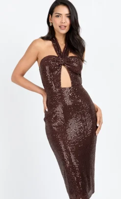 Little Mistress Chloe Lewis Collection | Dresses<Chocolate Sequin Cut-Out Midi Dress by Chloe Lewis