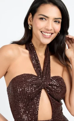 Little Mistress Chloe Lewis Collection | Dresses<Chocolate Sequin Cut-Out Midi Dress by Chloe Lewis