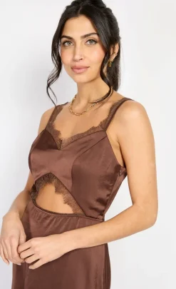 Little Mistress Chloe Lewis Collection | Dresses<Chocolate Lace Trim Satin Midi Dress by Chloe Lewis