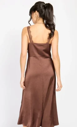Little Mistress Chloe Lewis Collection | Dresses<Chocolate Lace Trim Satin Midi Dress by Chloe Lewis