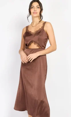 Little Mistress Chloe Lewis Collection | Dresses<Chocolate Lace Trim Satin Midi Dress by Chloe Lewis