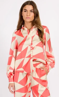 Little Mistress Co-Ords | Summer / Holiday<Coral Geo Print Satin Shirt
