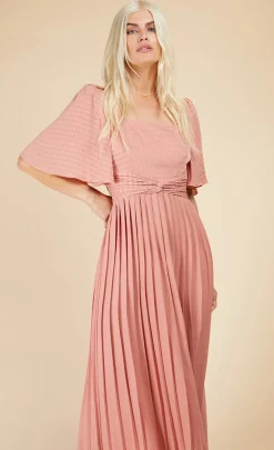 Little Mistress Midi Dresses | Race Day Edit<Coral Check And Pleated Hem Midaxi Dress