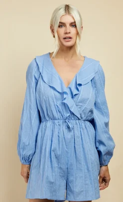 Little Mistress Jumpsuits & Playsuits | Office Fashion<Cornflower Dobby Spot Frill Playsuit