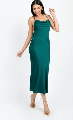 Little Mistress Chloe Lewis Collection | Dresses<Emerald Satin Cowl Neck Midi Dress by Chloe Lewis