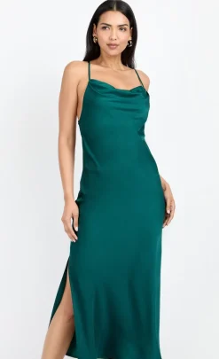 Little Mistress Chloe Lewis Collection | Dresses<Emerald Satin Cowl Neck Midi Dress by Chloe Lewis
