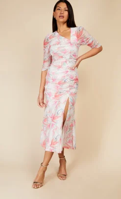 Little Mistress Office Fashion | Race Day Edit<Floral Print Asymmetric Ruched Midi Dress