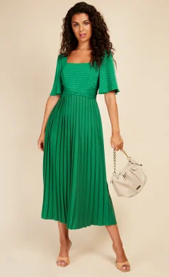 Little Mistress Office Fashion | Race Day Edit<Green Check And Pleated Hem Midaxi Dress