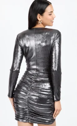 Little Mistress Chloe Lewis Collection | Dresses<Gunmetal Grey Foil Draped Plunge Mini Dress by Chloe Lewis