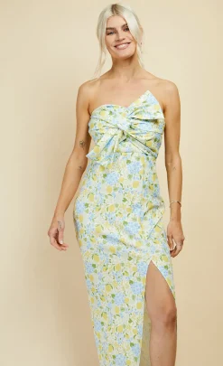 Little Mistress Dresses | Office Fashion<Lemon Floral Print Bow Detail Bandeau Maxi Dress