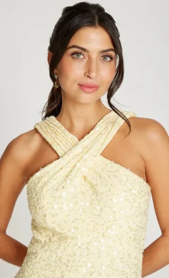 Little Mistress Dresses | Race Day Edit<Lemon Sequin Waffle Cross Neck Midaxi Dress