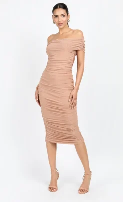 Little Mistress Chloe Lewis Collection | Dresses<Mink Mesh Ruched Bardot Midi Dress by Chloe Lewis