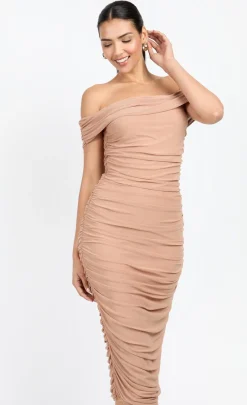 Little Mistress Chloe Lewis Collection | Dresses<Mink Mesh Ruched Bardot Midi Dress by Chloe Lewis