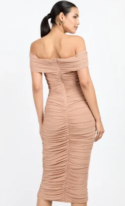 Little Mistress Chloe Lewis Collection | Dresses<Mink Mesh Ruched Bardot Midi Dress by Chloe Lewis