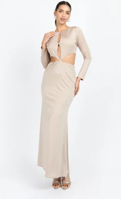 Little Mistress Chloe Lewis Collection | Dresses<Mink Slinky Embellished Maxi Dress by Chloe Lewis