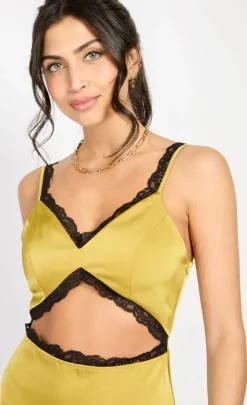 Little Mistress Chloe Lewis Collection | Dresses<Olive Lace Trim Satin Midaxi by Chloe Lewis