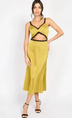 Little Mistress Chloe Lewis Collection | Dresses<Olive Lace Trim Satin Midaxi by Chloe Lewis