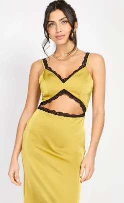 Little Mistress Chloe Lewis Collection | Dresses<Olive Lace Trim Satin Midaxi by Chloe Lewis