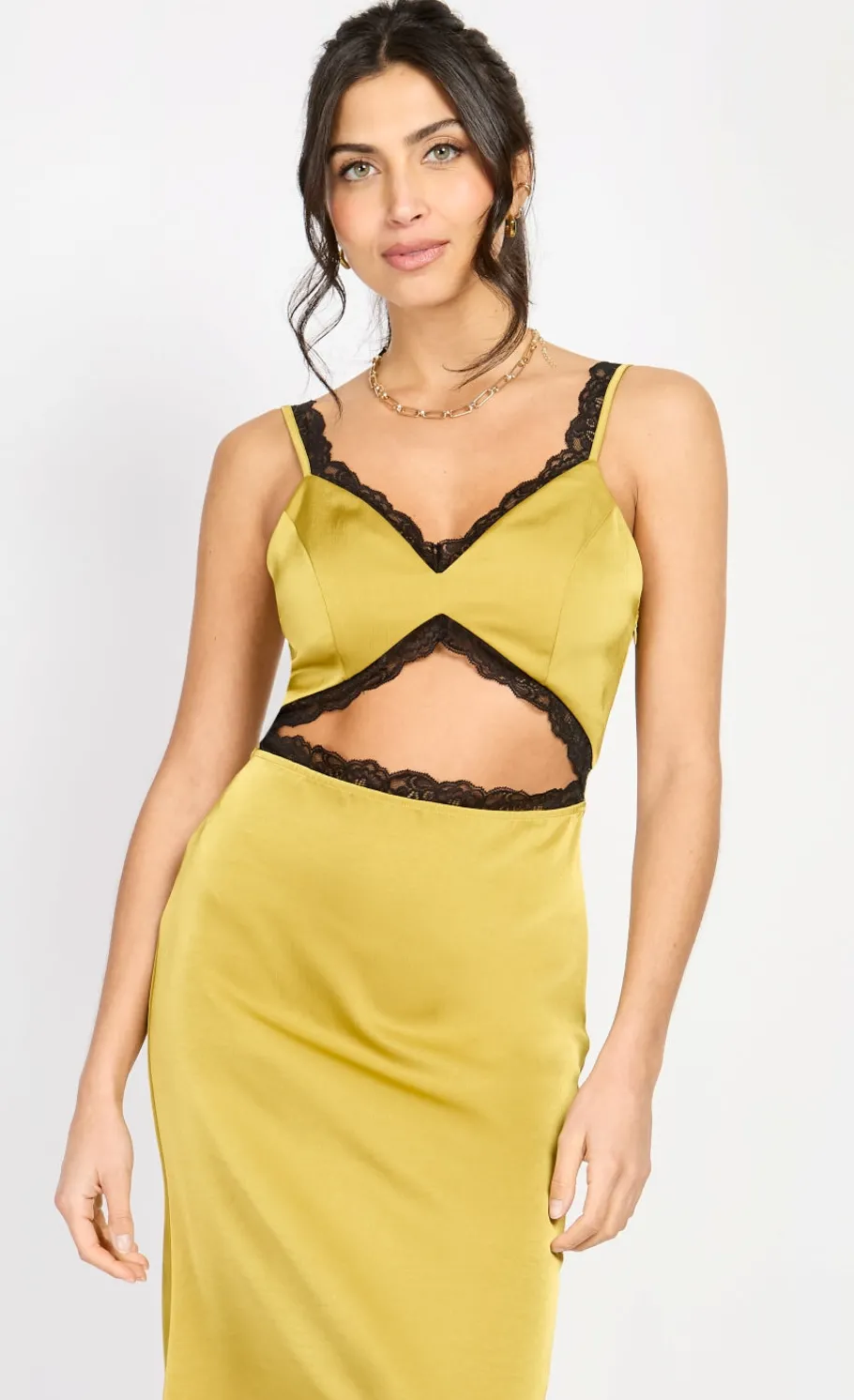 Little Mistress Chloe Lewis Collection | Dresses<Olive Lace Trim Satin Midaxi by Chloe Lewis