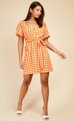 Little Mistress Dresses | Mini Dresses<Gingham Puff Sleeve Mini Wrap Dress