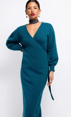Little Mistress Dresses | Knitwear<Petrol Knit Midaxi Wrap Dress