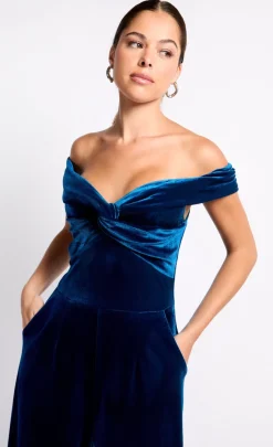 Little Mistress Jumpsuits & Playsuits | Race Day Edit<Petrol Velvet Bardot Jumpsuit