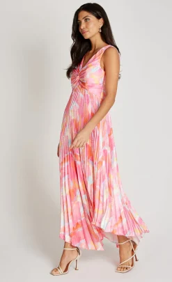 Little Mistress Dresses | Race Day Edit<Pink Print Satin Pleated Midaxi Dress