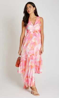 Little Mistress Dresses | Race Day Edit<Pink Print Satin Pleated Midaxi Dress