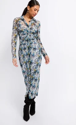 Little Mistress Dresses | Midi Dresses<Printed Mesh Midaxi Shirt Dress