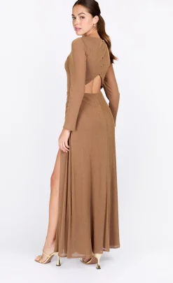 Little Mistress Dresses | Race Day Edit<Taupe Lurex Long Sleeve Maxi Dress